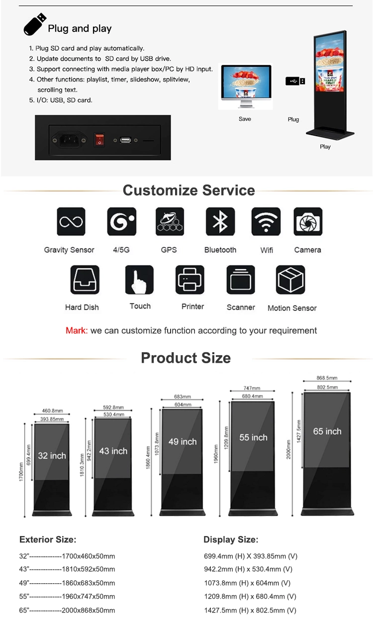 Kingone Factory Price 43&quot; 49&quot; 55&quot; 65&quot; Digital Signage Interactive Kiosk Commercial LCD Screen Stand Advertising Touch Display