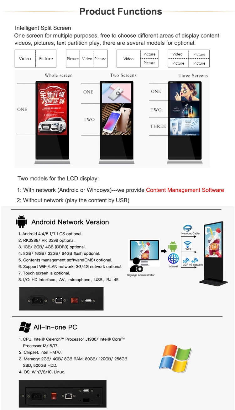 Kingone Factory Price 43&quot; 49&quot; 55&quot; 65&quot; Digital Signage Interactive Kiosk Commercial LCD Screen Stand Advertising Touch Display